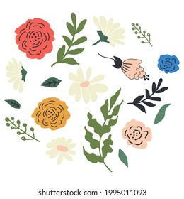 Set of abstract flowers, leaves, branches. Summer decorative floral design elements. Vector illustration