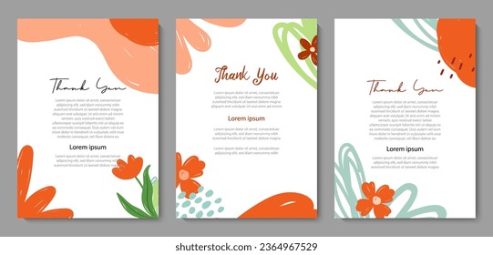 Set of abstract flowers and leaves templates. Thank you lettering greeting template background.