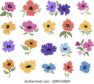 A set of abstract flowers with leaves. Vector illustration.