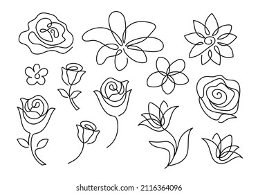Set of abstract flowers in a modern abstract minimalist one line style. Continuous black line flower simple drawing. Isolated on white. Rose, lily, tulip and roses floral vector illustration.