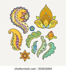Set of abstract flowers and paisley elements in Indian mehendi style. Template for mehndi ornaments.