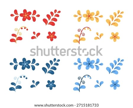 Set of abstract flowers and plants. Cartoon traditional Slavic pattern on white background.