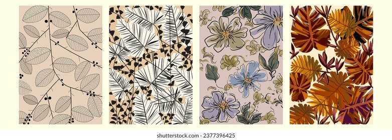 Set of abstract flowers and plants vector illustration. Trendy botanical background with floral design.