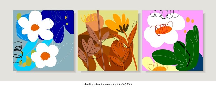 Conjunto de flores abstractas e ilustraciones vectoriales de plantas. Fondo botánico moderno con diseño floral.