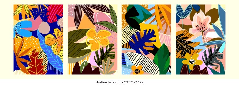 Set of abstract flowers and plants vector illustration. Trendy botanical background with floral design.