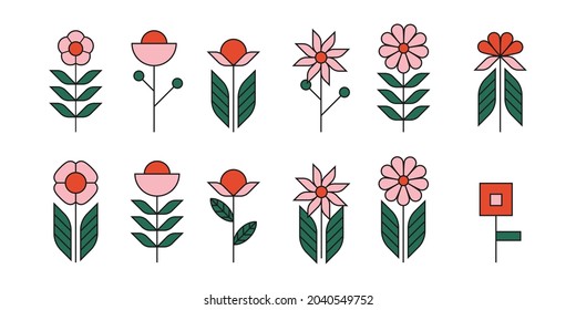 Set abstract flowers in scandinavian style, floral icons outline