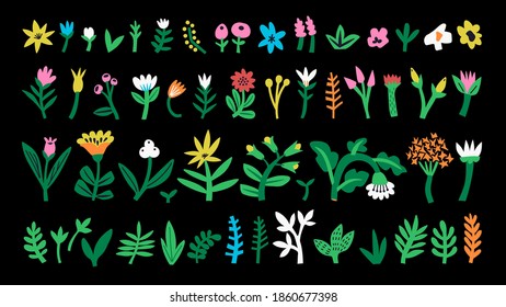 Set of abstract flowers and shapes hand drawing. Collection in a bright trendy style. Minimalistic and primitive colorful flowers. Isolated over black background. Flat cartoon style. Stock vector.