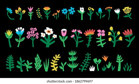 Set of abstract flowers and shapes hand drawing. A collection in a bright trendy style. Minimalistic and primitive colorful flowers. Isolated over black background. Flat cartoon style. Stock vector.