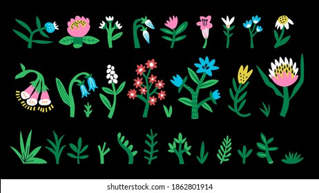 Set of abstract flowers and shapes hand drawing. A collection in a bright trendy style. Minimalistic and primitive colorful flowers. Isolated over black background. Flat cartoon style. Stock vector.