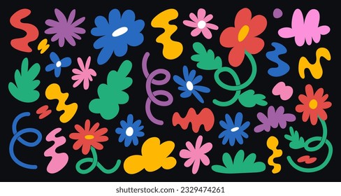 Set of abstract flowers and shapes. Vector sticker pack. Collection of contemporary forms, funny flower, bubble, cloud, loop, wavy and spiral elements. Trendy 70s, 90s 00s groovy cartoon style.