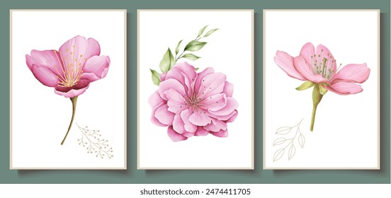 Set of abstract flowers vector art posters. Wall art rose set, fine art.