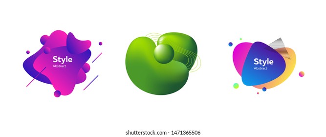 Set of abstract flowing badges. Dynamical colored forms and lines. Gradient abstract banners with flowing liquid shapes. Template for logo, flyer, presentation