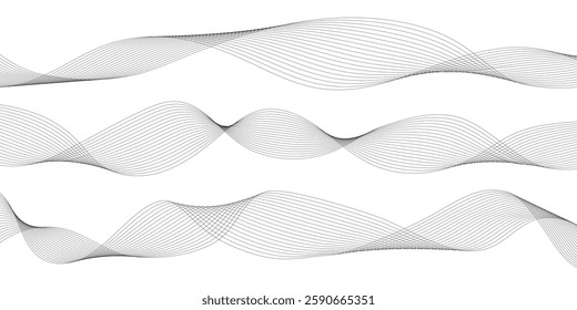 Set of abstract flowing digital wave, curved wavy lines design vector elements
