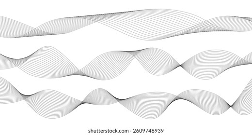 Set of abstract flowing digital wave, curved wavy lines design vector elements
