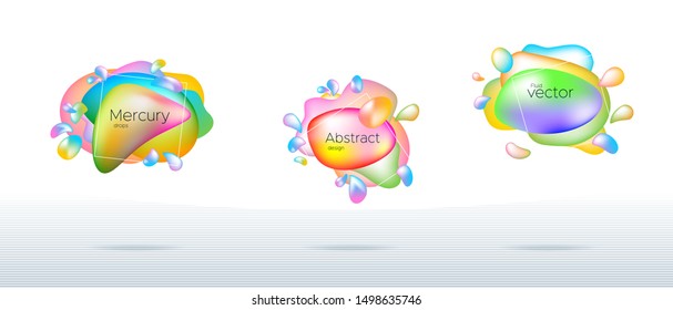 Set of abstract flowing liquid drops, colorful dynamic geometric shapes, 3d gradient waves.
Modern color flow mercury poster. Volumetric streamlined neon drops. Art design vector background