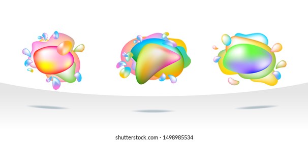 Set of abstract flowing liquid drops, colorful dynamic geometric shapes, 3d gradient waves.
Modern color flow mercury poster. Volumetric streamlined neon drops. Art design vector background