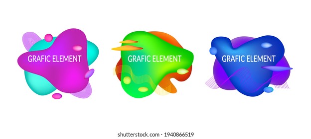 Set of abstract flowing liquid geometric shapes in vivid bright color gradient. Fluid design elements for minimal banner, logo, flyer or presentation. Futuristic trendy dynamic Eps10 vector.