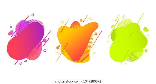 Set of abstract flowing liquid shapes for trendy vibrant color design. Halftone patterns, fluid color overlap gradient background. Template design for logo, poster, flyer or presentation. Vector