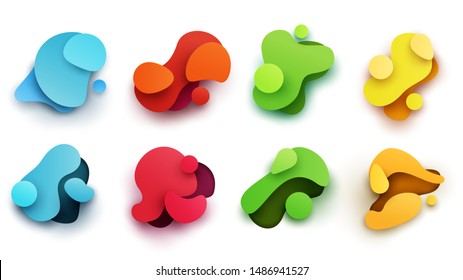 Set of abstract flowing liquid shapes in paper cut style. Modern minimal geometric elements isolated on white background.