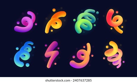 Set of abstract fluid curve in different shape. Gradient blend line with shiny and glowing effect. Creative design elements for cover, mockup, banner, poster and background. Vector illustration.