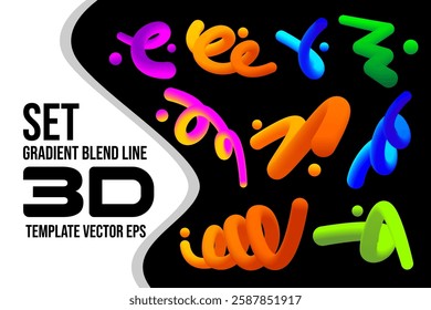 Set of abstract fluid curve in different shape. Gradient blend line. Creative design elements for cover, Website, mockup, banner, poster and background. Vector illustration EPS