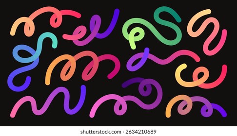 Set of abstract fluid curve in different shape. Gradient blend line. Creative design elements for cover, mockup, banner, poster and background. Vector illustration.
