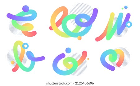 Set of abstract fluid curved elements in rainbow colours. Floating round waves with blended gradient. Dynamical composition with various elements for website or banner