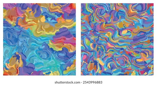 Set of abstract fluid design backgrounds. Trendy multicolored marble swirls. Vector illustration. Liquid ink pattern. Psychedelic backgrounds for posters and cover designs. Dynamical rippled surface
