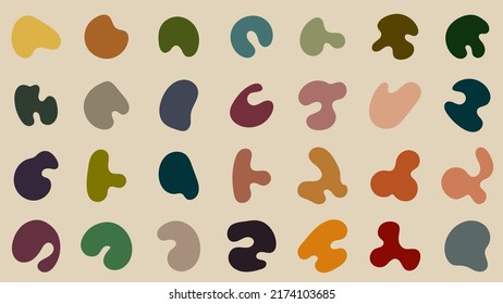 Set of abstract fluid or liquid blob shape elements isolated on brown background flat design minimal style. Vector graphic illustration