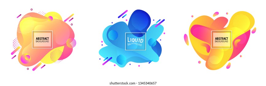 Set of abstract fluid organic colorful shapes. Isolated gradient waves with geometric lines, dots. Vector illustration.