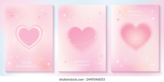 Set of abstract fluid pastel pink background with gradient blurry heart and star, trendy minimal template with brutalism geometric shapes for card, banner, poster, cover design.