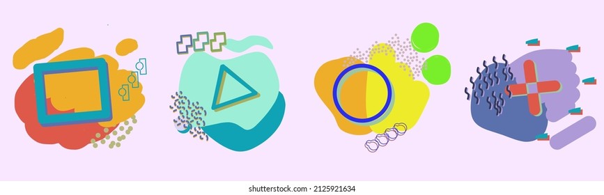 Conjunto de formas de fluido abstracto con elementos geométricos sobre fondo coloreado. Ilustración del vector