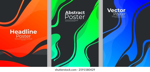 Set of abstract fluid wave posters with gradient colors on dark backdrop. Modern vector design in red, blue, and purple tones. Perfect for banners, flyers, and digital backgrounds.