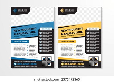 set of abstract flyer design template with example headline is new industry manufacture. Space of photo collage. Advertising banner with vertical layout. white background, yellow, blue, black elements