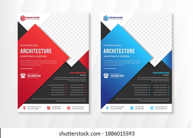 Set of abstract flyer template design with headline architecture use red and blue gradient colors on element. vertical layout with black background. diagonal space for photo collage. 