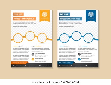 set of abstract flyer template design use a headline is exclusive products manufactured. vertical layout with space for photo collage. white background with orange, blue and black colors on elements