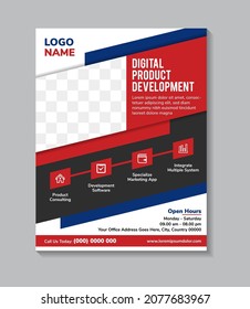 El conjunto de diseño de plantillas de volante abstracto con el desarrollo de productos digitales de titulares utiliza colores de gradiente rojo y azul en el elemento. disposición vertical con fondo blanco. espacio diagonal para el collage de fotos.
