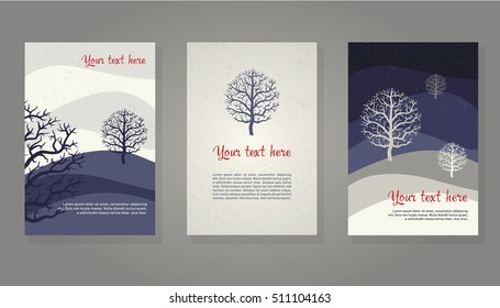 Set of abstract flyers. Blue winter landscape with stylized trees, mountains. Vector graphic templates for poster, cover, brochure, invitation, postcard.