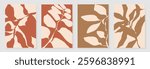 Set of abstract foliage poster vector. Leaves, flower, organic shapes, earth tone colors, leaf branch. Illustration design for Eco packaging, interior, cover, wall art, wallpaper.