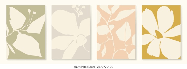 Set of abstract foliage poster vector. Leaves, flower, organic shapes, earth tone colors, leaf branch. Illustration design for Eco packaging, interior, cover, wall art, wallpaper, market.