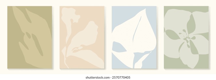 Set of abstract foliage poster vector. Leaves, flower, organic shapes, earth tone colors, leaf branch. Illustration design for Eco packaging, interior, cover, wall art, wallpaper, market.