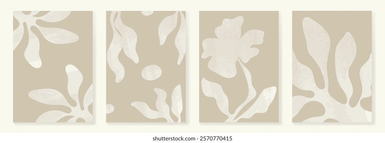 Set of abstract foliage poster vector. Leaves, flower, organic shapes, earth tone colors, leaf branch. Illustration design for Eco packaging, interior, cover, wall art, wallpaper, market.