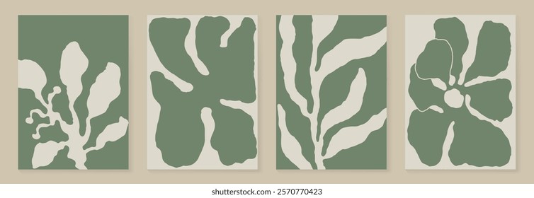 Set of abstract foliage poster vector. Leaves, flower, organic shapes, earth tone colors, leaf branch. Illustration design for Eco packaging, interior, cover, wall art, wallpaper, market.