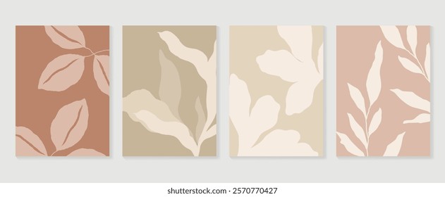 Set of abstract foliage poster vector. Leaves, flower, organic shapes, earth tone colors, leaf branch. Illustration design for Eco packaging, interior, cover, wall art, wallpaper, market.