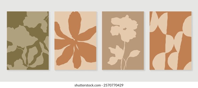 Set of abstract foliage poster vector. Leaves, flower, organic shapes, earth tone colors, leaf branch. Illustration design for Eco packaging, interior, cover, wall art, wallpaper, market.