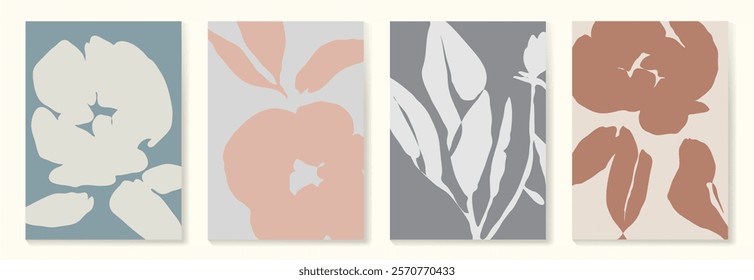 Set of abstract foliage poster vector. Leaves, flower, organic shapes, earth tone colors, leaf branch. Illustration design for Eco packaging, interior, cover, wall art, wallpaper, market.