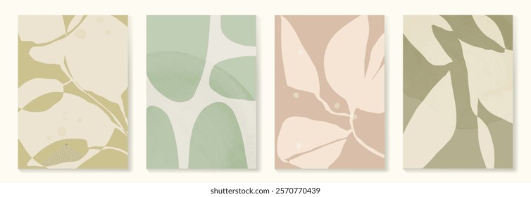 Set of abstract foliage poster vector. Leaves, flower, organic shapes, earth tone colors, leaf branch. Illustration design for Eco packaging, interior, cover, wall art, wallpaper, market.