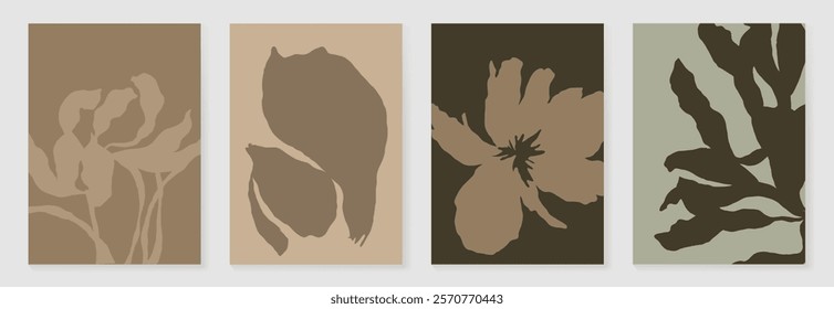 Set of abstract foliage poster vector. Leaves, flower, organic shapes, earth tone colors, leaf branch. Illustration design for Eco packaging, interior, cover, wall art, wallpaper, market.