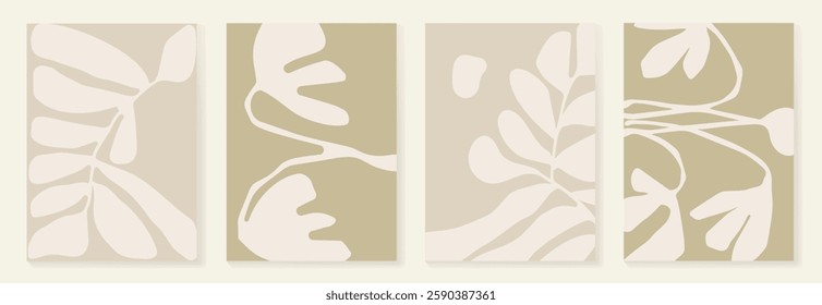 Set of abstract foliage poster vector. Leaves, flower, organic shapes, earth tone colors, leaf branch. Illustration design for Eco packaging, interior, cover, wall art, wallpaper, market.