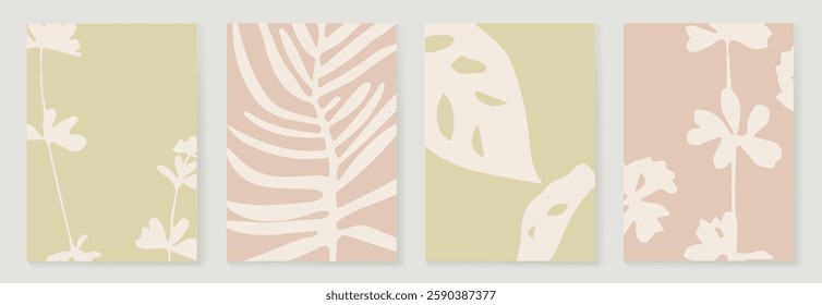 Set of abstract foliage poster vector. Leaves, flower, organic shapes, earth tone colors, leaf branch. Illustration design for Eco packaging, interior, cover, wall art, wallpaper, market.